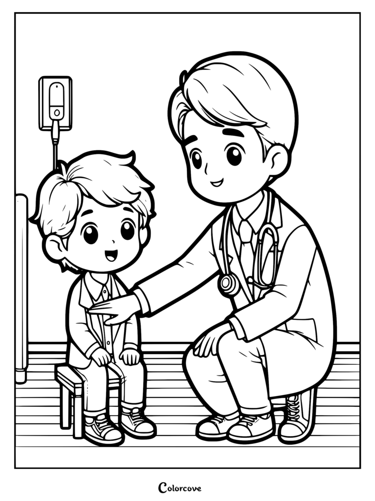 A printable coloring page featuring a cute doctor kneeling to perform a checkup on a young boy sitting on a stool in a clinic.