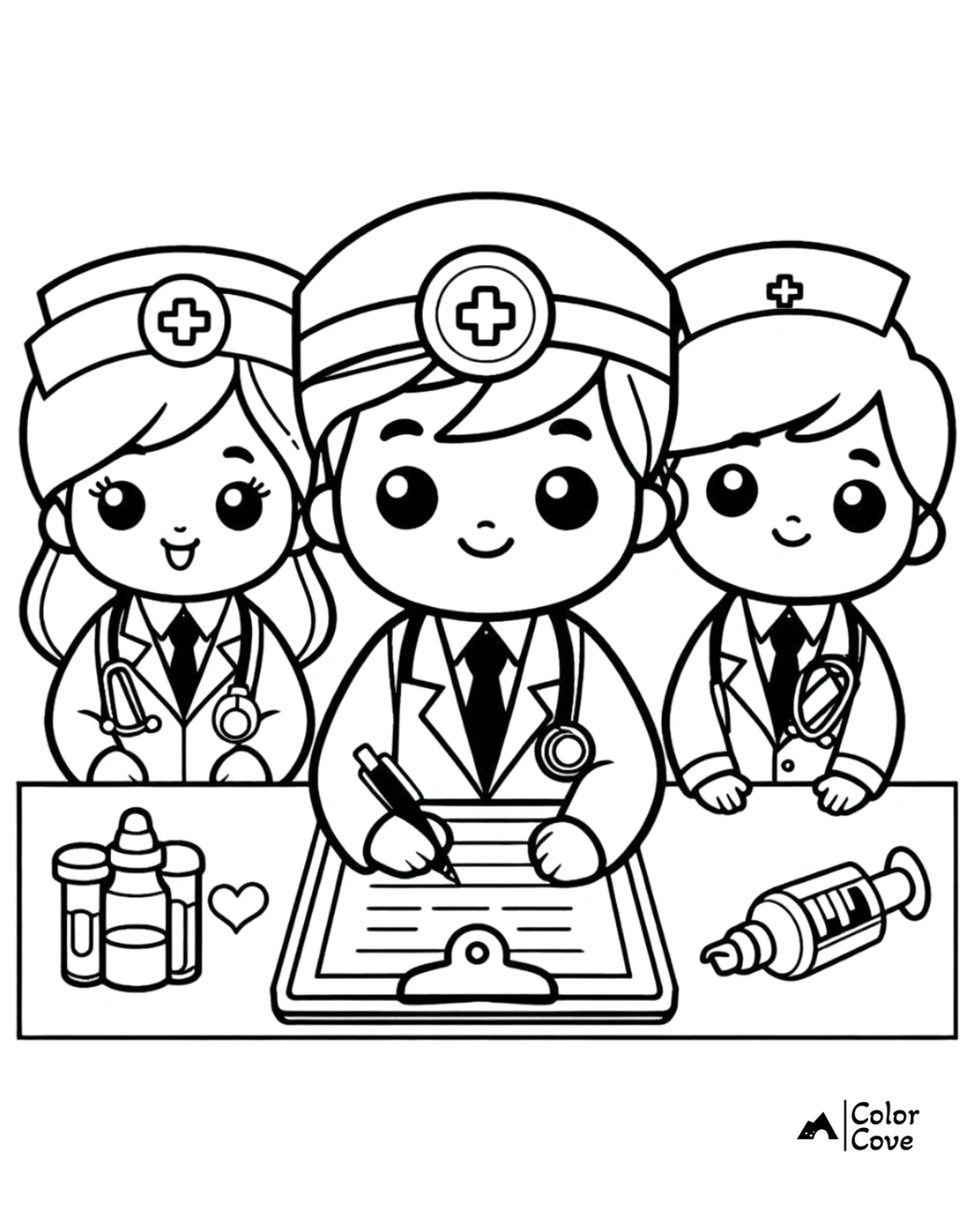 Coloring page of three cute cartoon doctors at a desk, with medical supplies and a clipboard for kids to color.