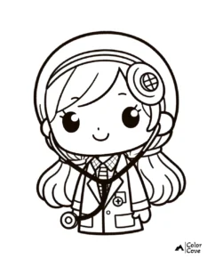 Coloring page of a cute doctor with a stethoscope and long hair, perfect for kids.