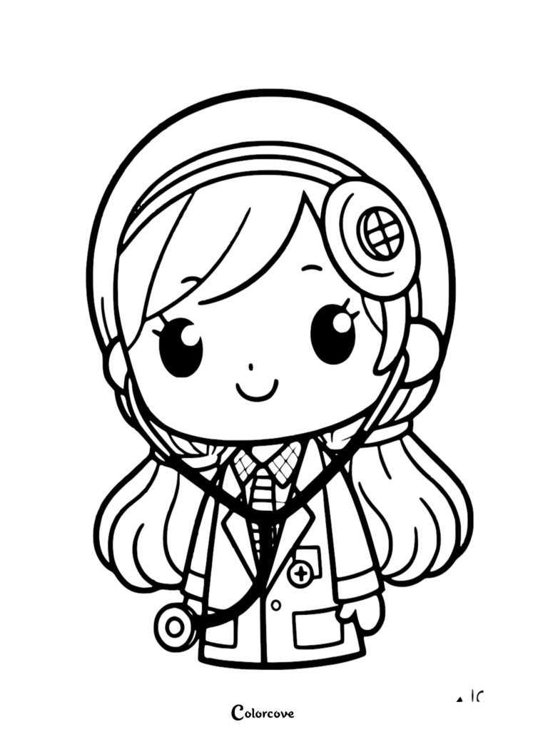 A cute anime-style doctor with a stethoscope and medical coat coloring page for kids