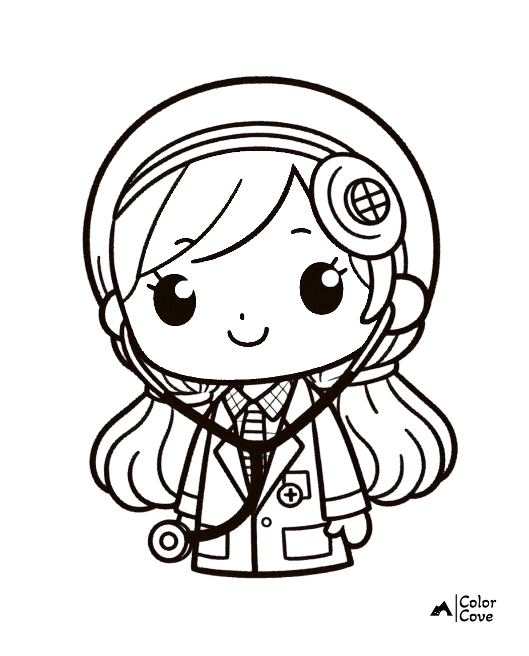 Coloring page of a cute doctor with a stethoscope and long hair, perfect for kids.