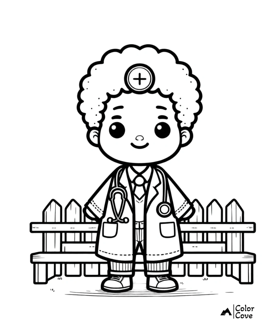 Coloring page of a cute doctor character standing in front of a fence, wearing a lab coat and a stethoscope.