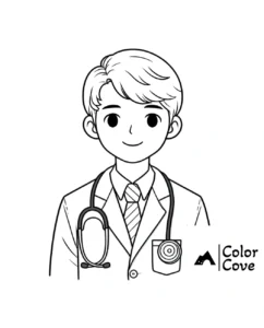 Coloring page of a cartoon doctor with stethoscope, wearing a suit and tie by Color Cove.
