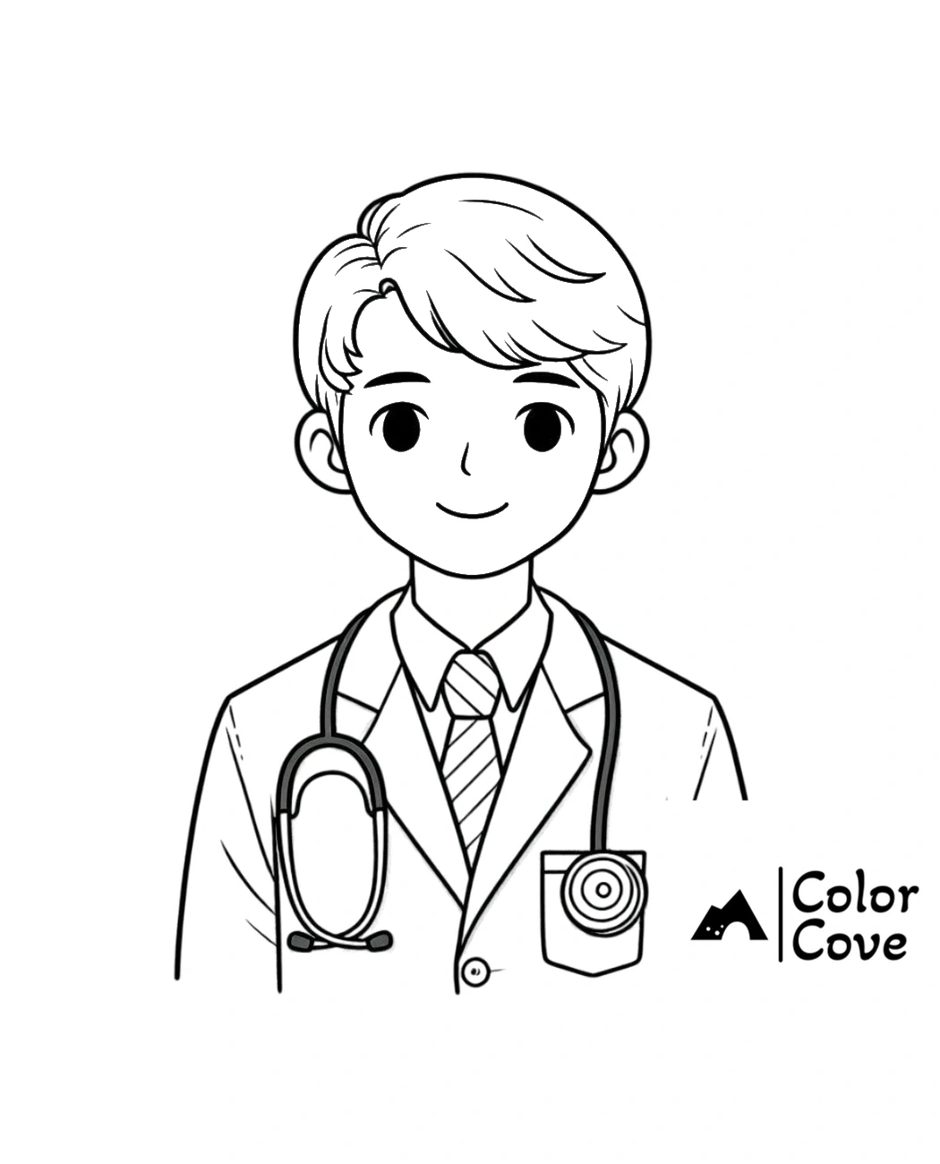 Coloring page of a cartoon doctor with stethoscope, wearing a suit and tie by Color Cove.