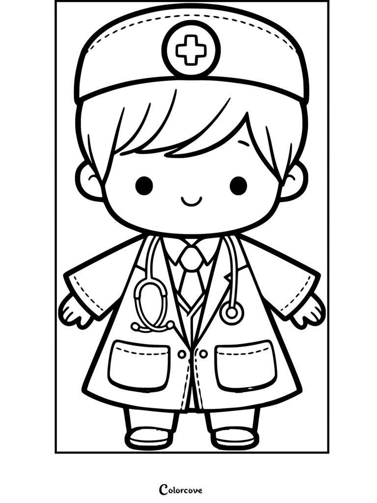 A cute doctor coloring page featuring a chibi-style physician wearing a lab coat, stethoscope, and medical cap.
