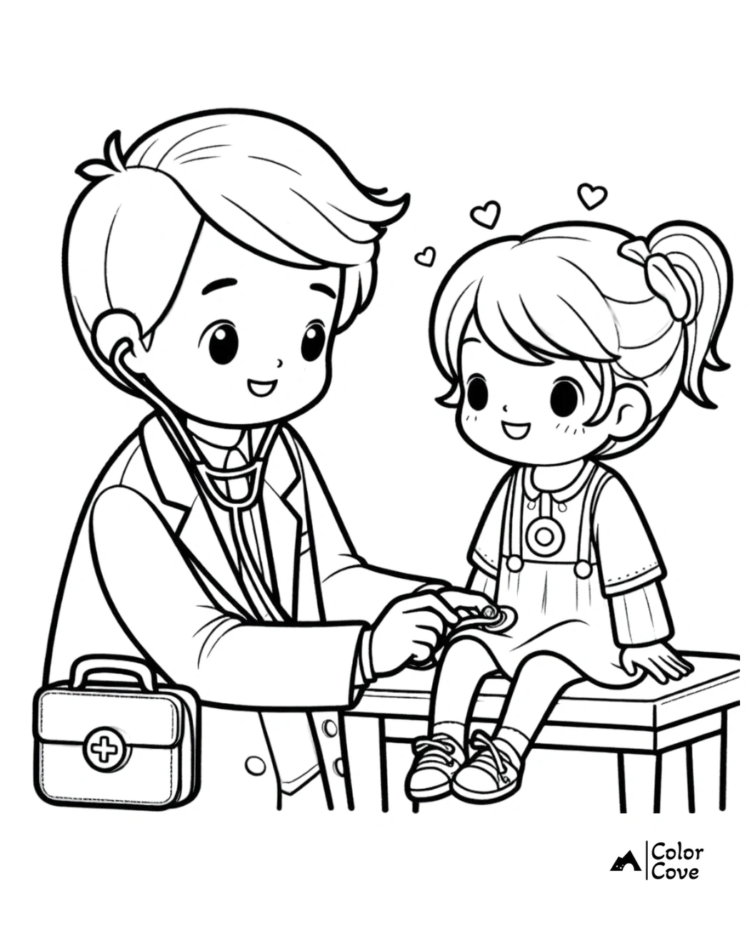 Cute doctor and child coloring page for kids, featuring a doctor with a stethoscope and a smiling child on an exam table.