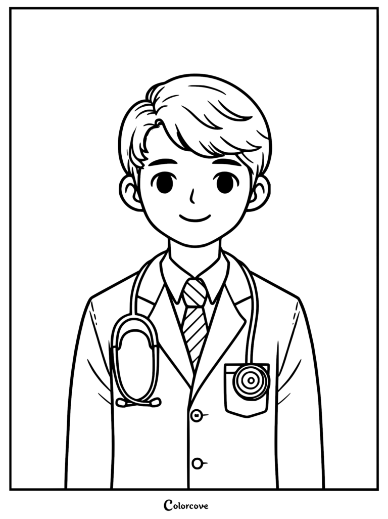 A friendly young male doctor with short hair wearing a white lab coat, dress shirt, and striped tie in a printable coloring page format.