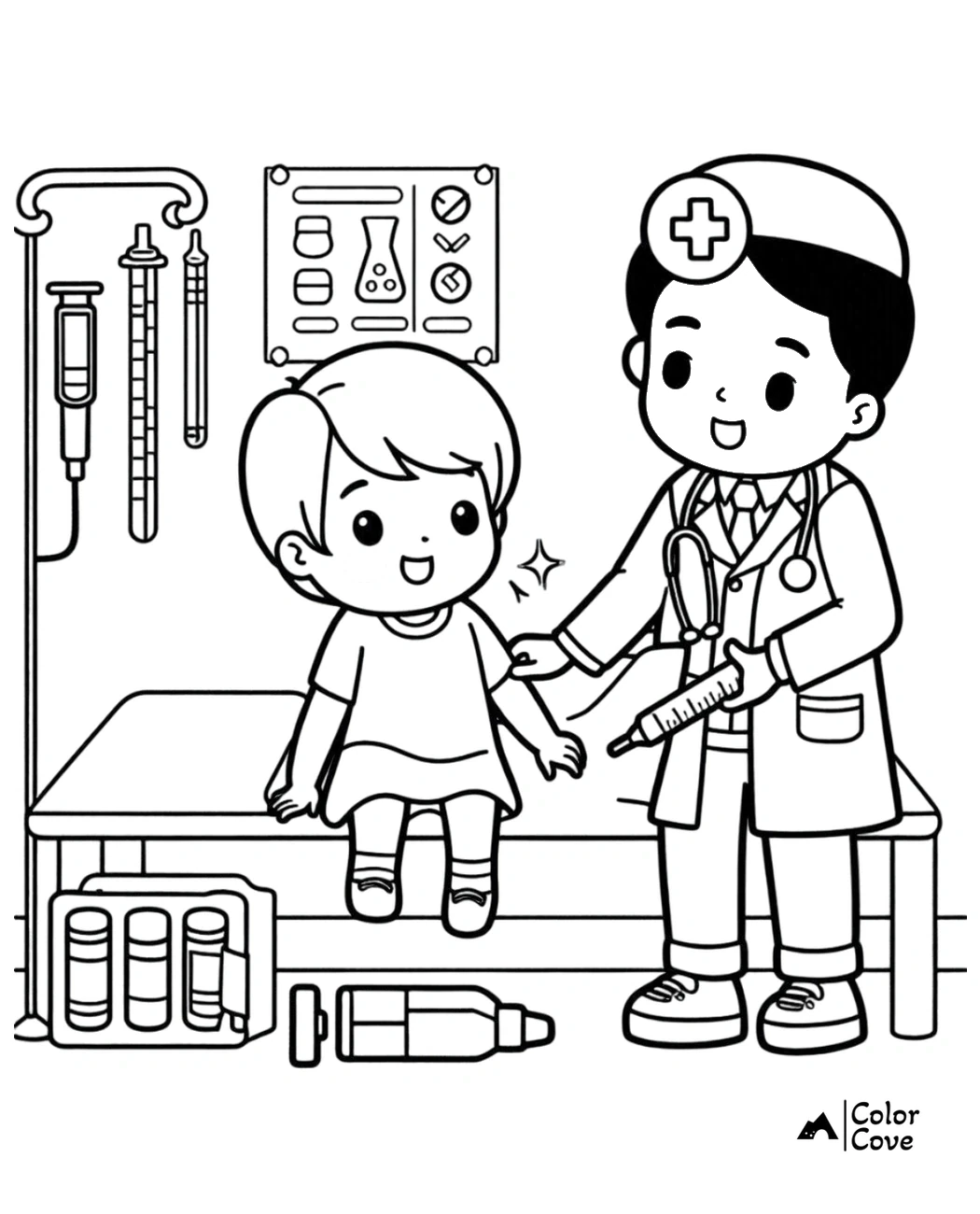 Child patient and pediatric doctor in a hospital room coloring page, with medical equipment and posters.