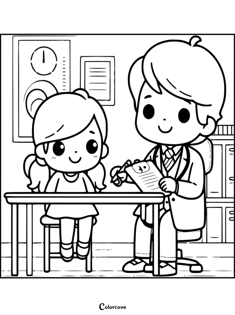 A cute doctor in a white coat showing a medical chart to a young girl sitting at a desk in a clinic, line art coloring page.