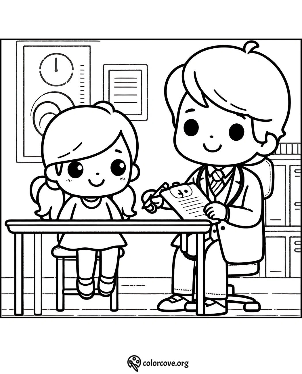 Cute doctor and little girl cartoon coloring page, perfect for kids to express creativity and learn about doctor visits.