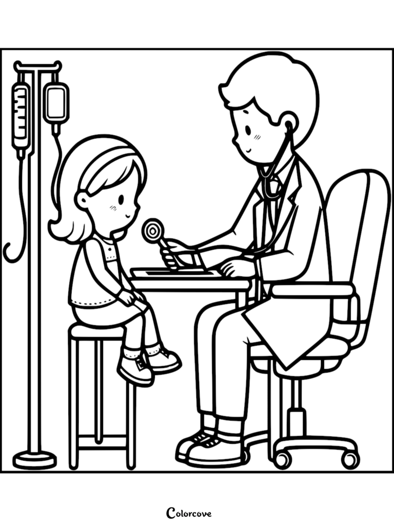 A printable coloring page featuring a cute doctor using a stethoscope to examine a little girl sitting on a stool next to an IV stand.