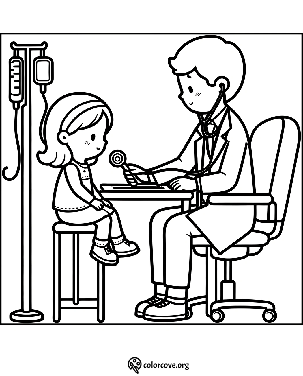 Doctor and young girl coloring page, pediatric checkup scene, free medical coloring sheet for kids - colorcove.org.