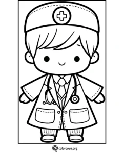 Cute doctor coloring page for kids featuring a smiling doctor in a lab coat and stethoscope. Fun and educational activity.