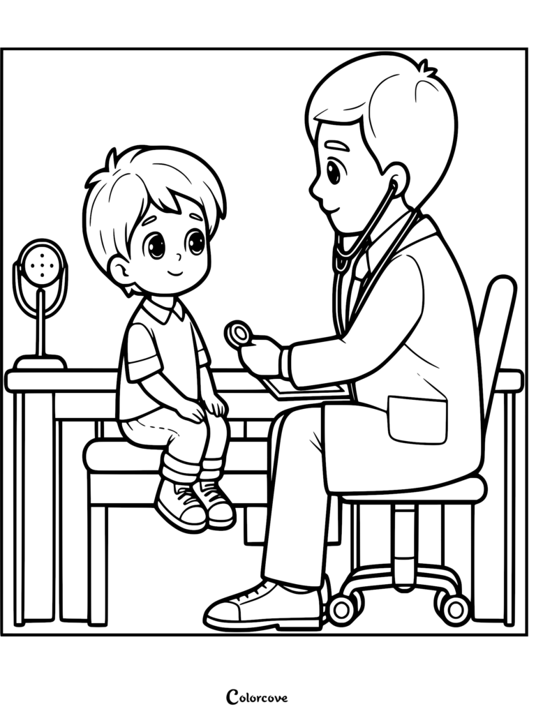 A cute doctor sitting on a rolling chair using a stethoscope to examine a young boy perched on an exam table, black and white coloring page.