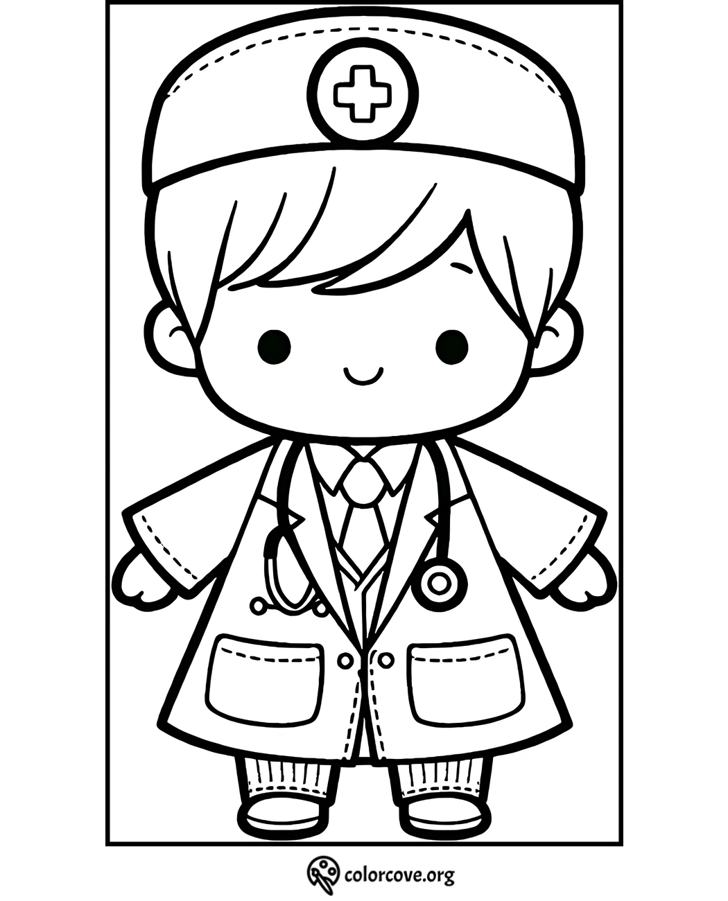 Cute doctor coloring page for kids featuring a smiling doctor in a lab coat and stethoscope. Fun and educational activity.