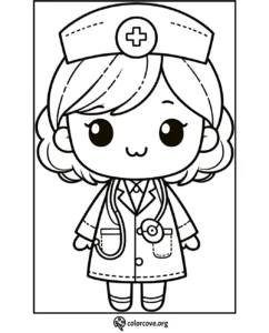 Kawaii nurse coloring page for kids featuring a cute nurse character with a hat and stethoscope. Print and color.