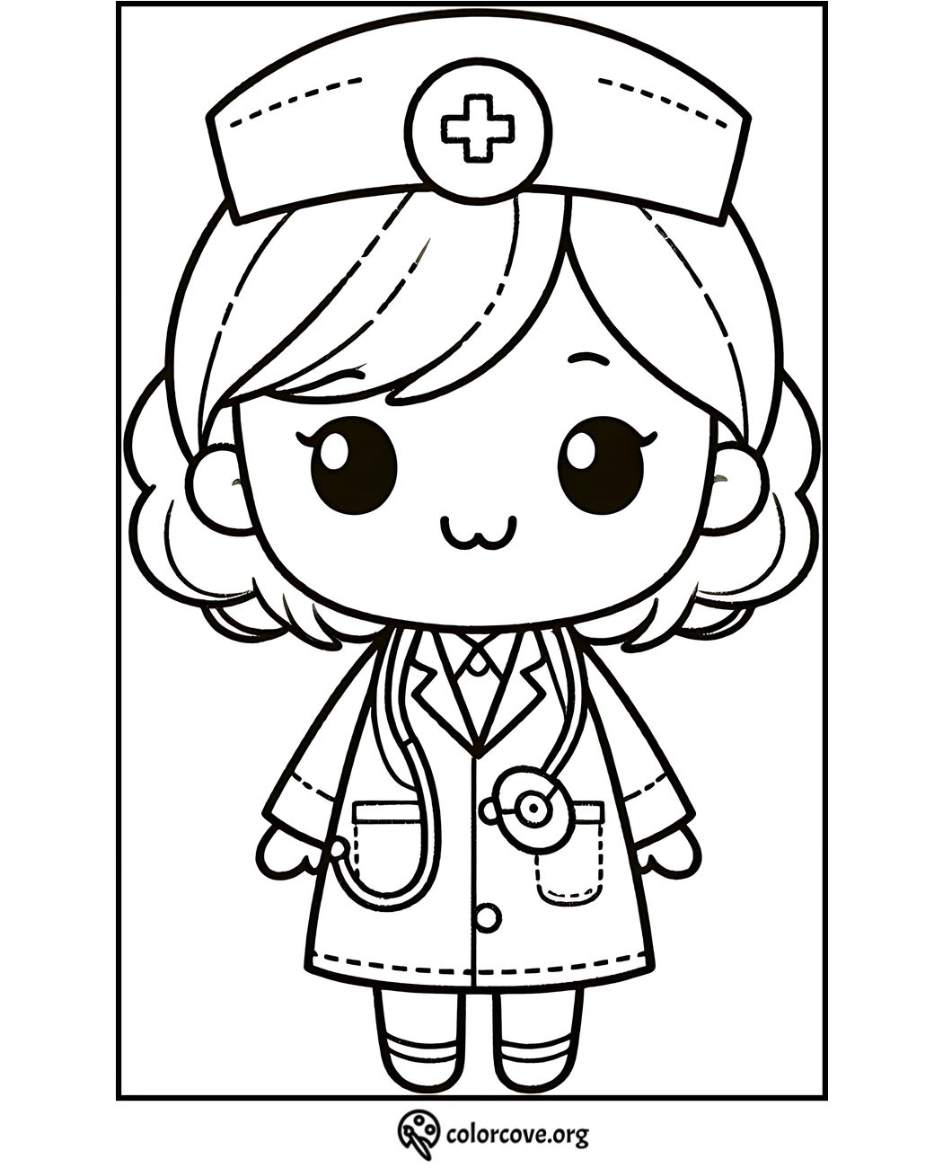 Kawaii nurse coloring page for kids featuring a cute nurse character with a hat and stethoscope. Print and color.