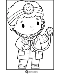 Cute doctor coloring page for kids featuring a young child in a lab coat holding a stethoscope.