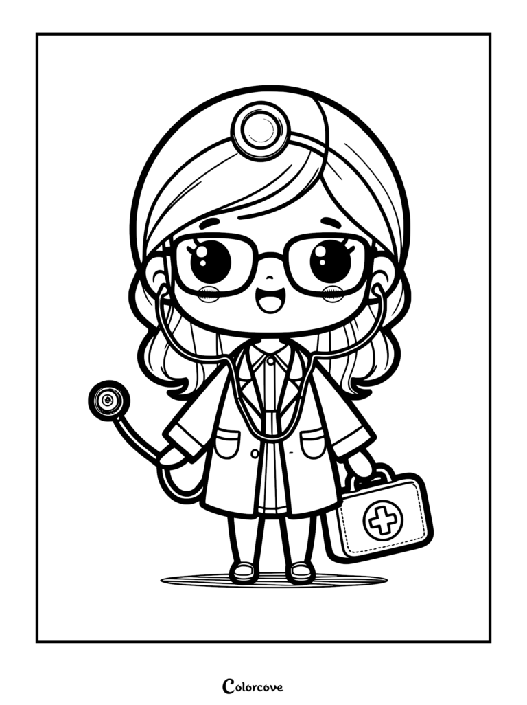 Kawaii style chibi girl dressed as a cute doctor wearing a lab coat, glasses, and head mirror, holding a stethoscope and a medical kit, isolated line art coloring page.