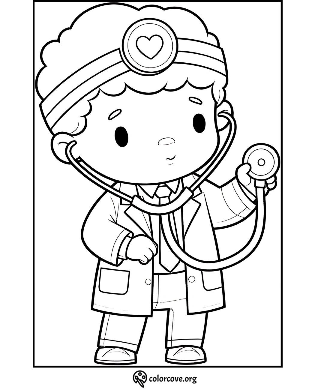 Cute doctor coloring page for kids featuring a young child in a lab coat holding a stethoscope.