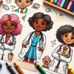 Children's coloring page featuring diverse doctors surrounded by colorful crayons, promoting medical professions and creativity.