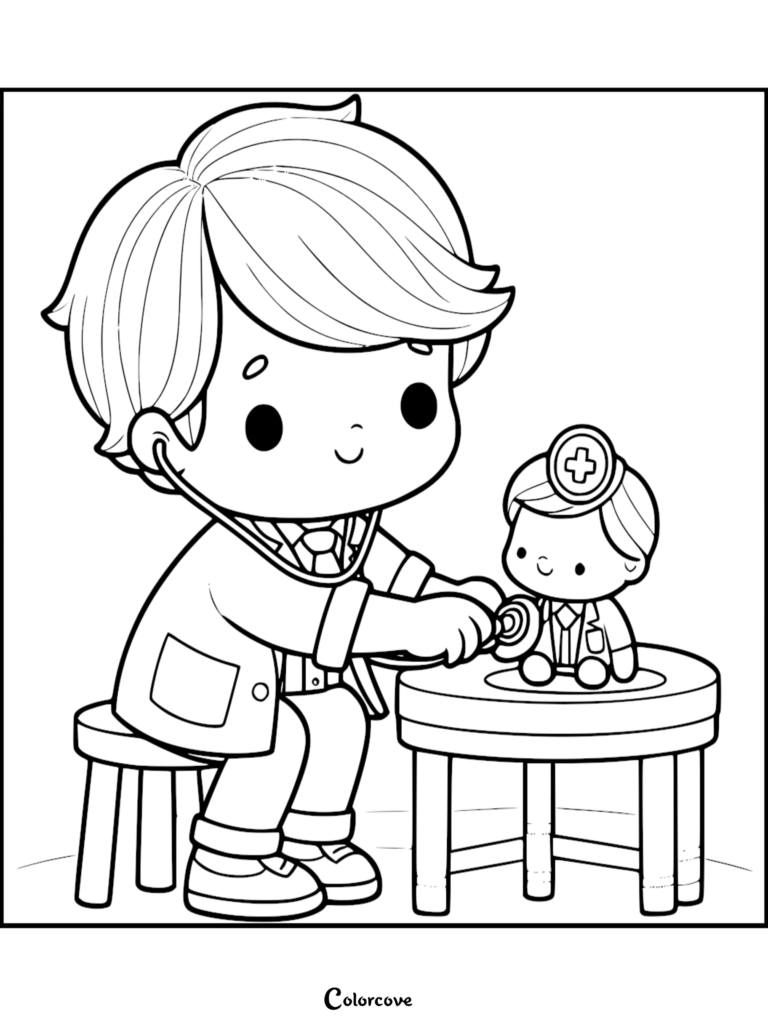 A cute doctor character sitting on a stool using a stethoscope to examine a small toy patient on a table, detailed line art coloring page for kids.