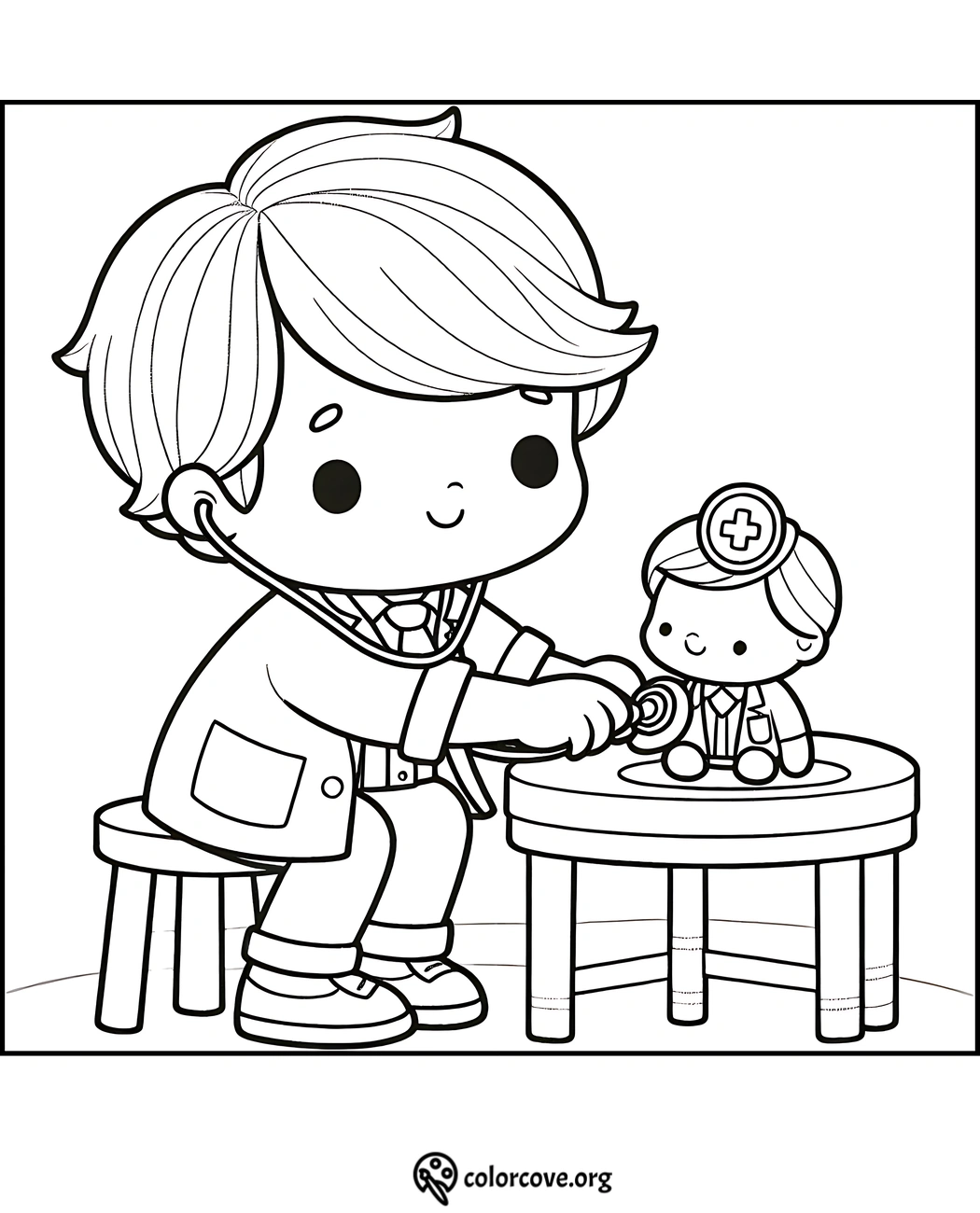 Cute doctor coloring page: child doctor using a stethoscope on a stuffed toy doctor sitting on a table. Perfect for kids!