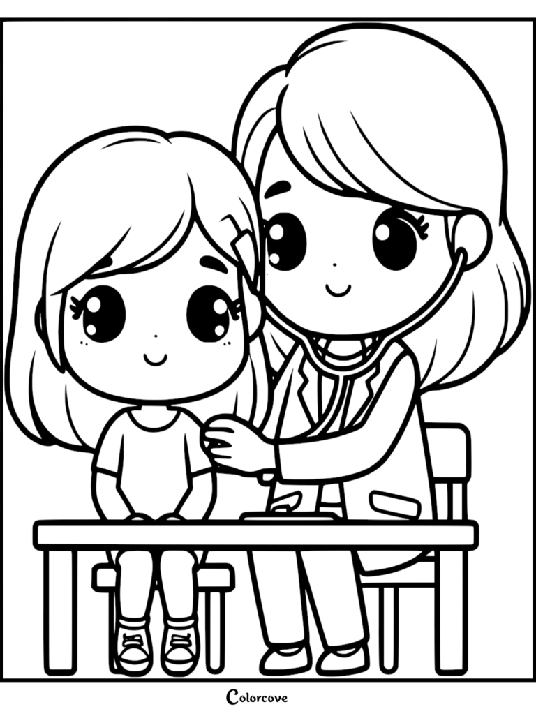 A cute doctor in a lab coat uses a stethoscope to examine a young girl at a desk in this line art coloring page.