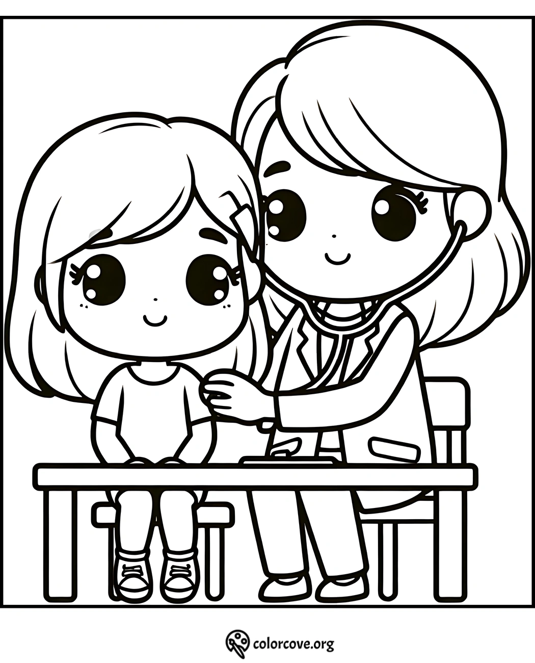 Coloring page of a doctor with a stethoscope checking a smiling child, ideal for kids' educational activities.