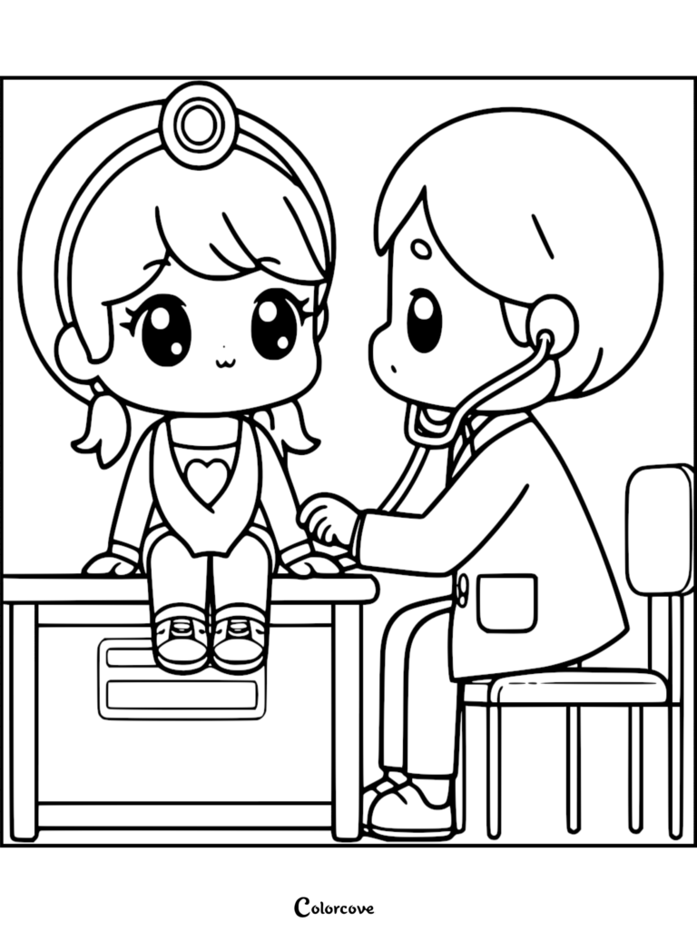 Chibi-style cute doctor listening to a patient's heartbeat with a stethoscope, line art coloring page for kids.