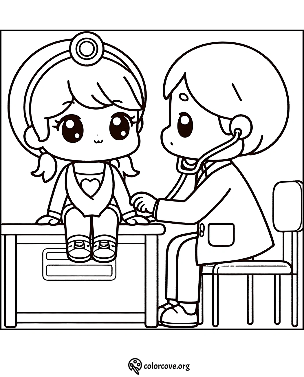 Cute doctor and nurse coloring page for kids featuring a check-up scene with stethoscope. Free printable from colorcove.org.