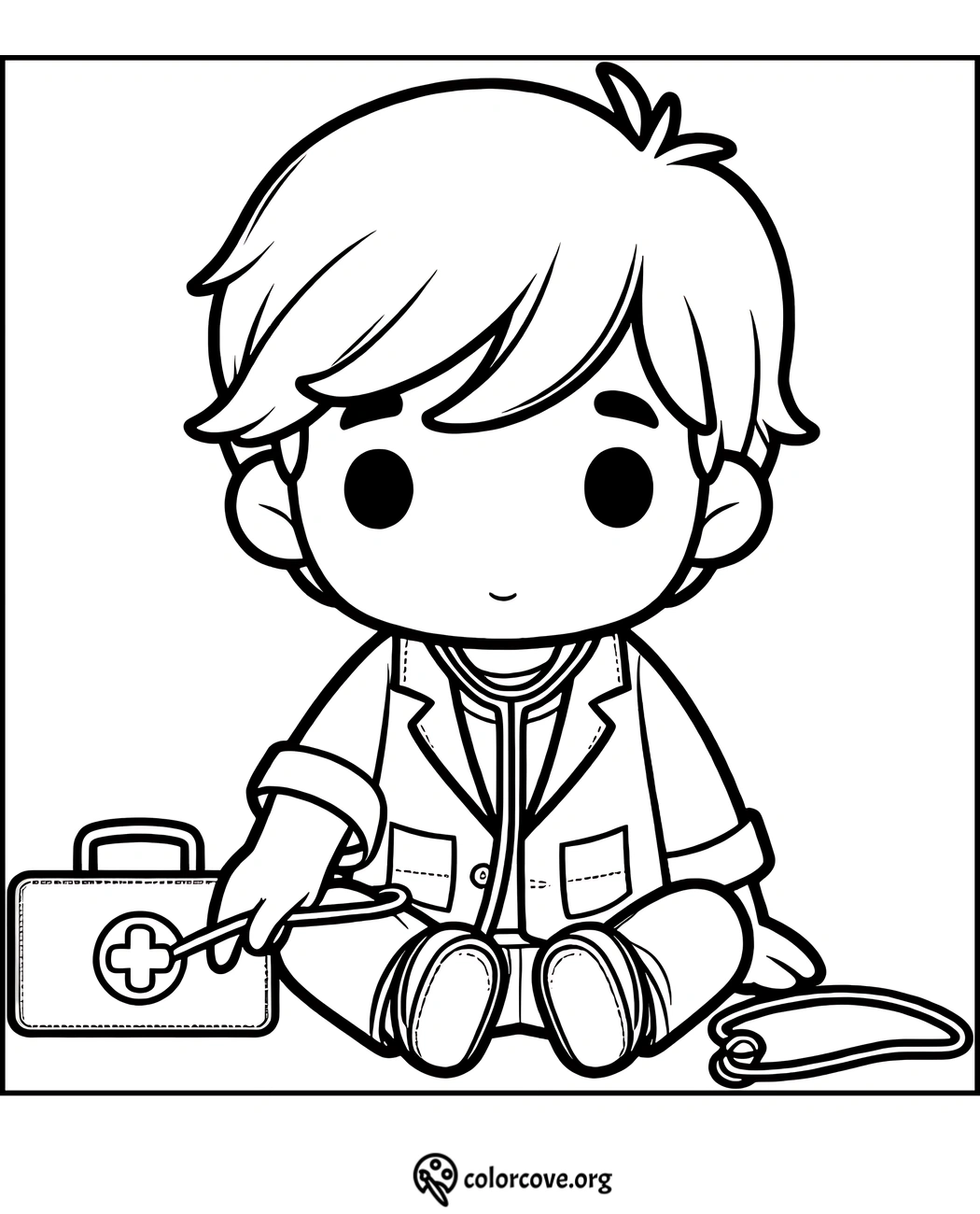 Cute doctor coloring page of a young child in a lab coat holding a stethoscope with a medical kit beside them.