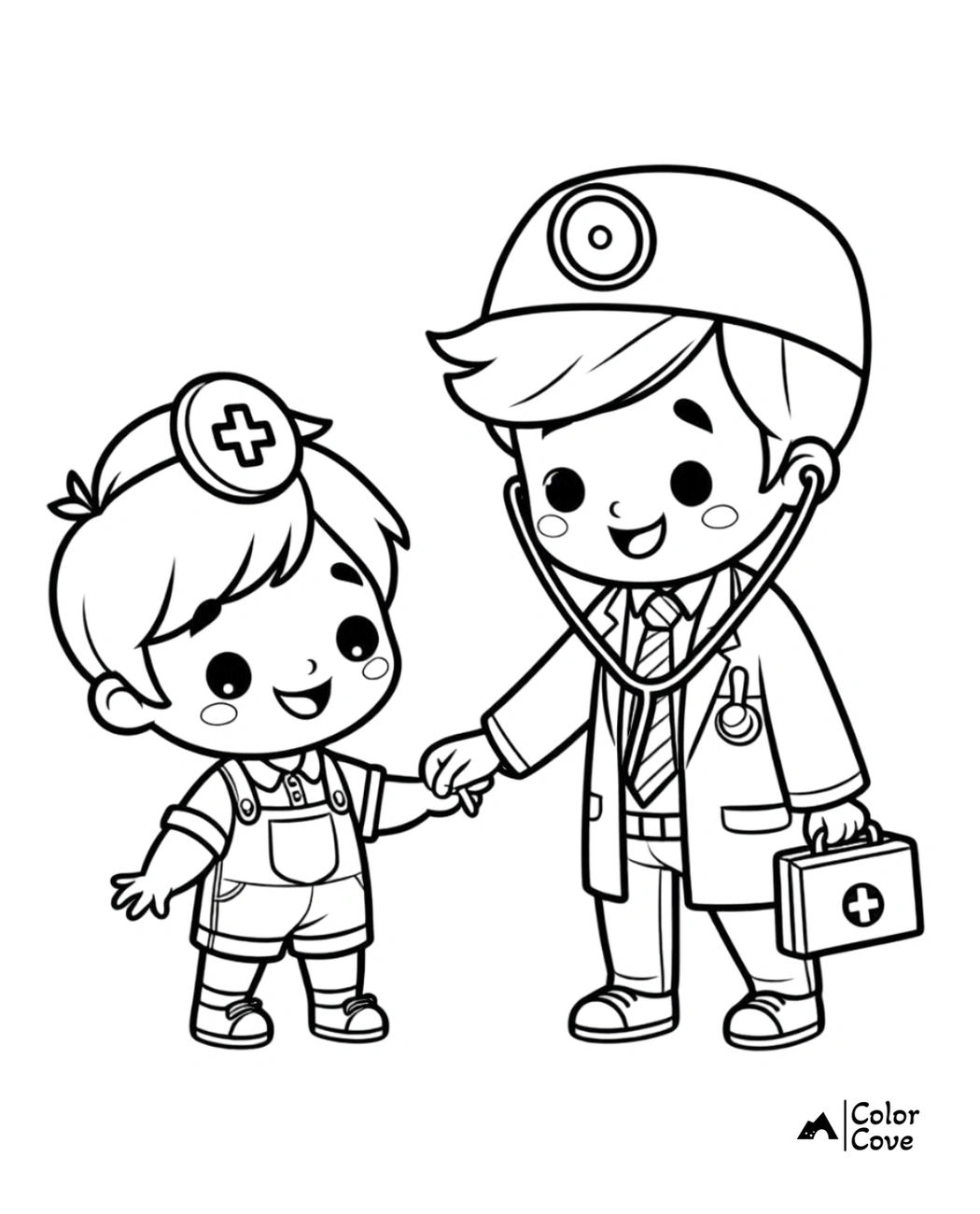 Cute doctor and nurse children coloring page holding hands – available to print and color. Kid-friendly medical-themed artwork.