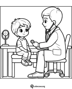 Coloring page of a doctor using a stethoscope to examine a young boy seated on an examination table in a medical office.