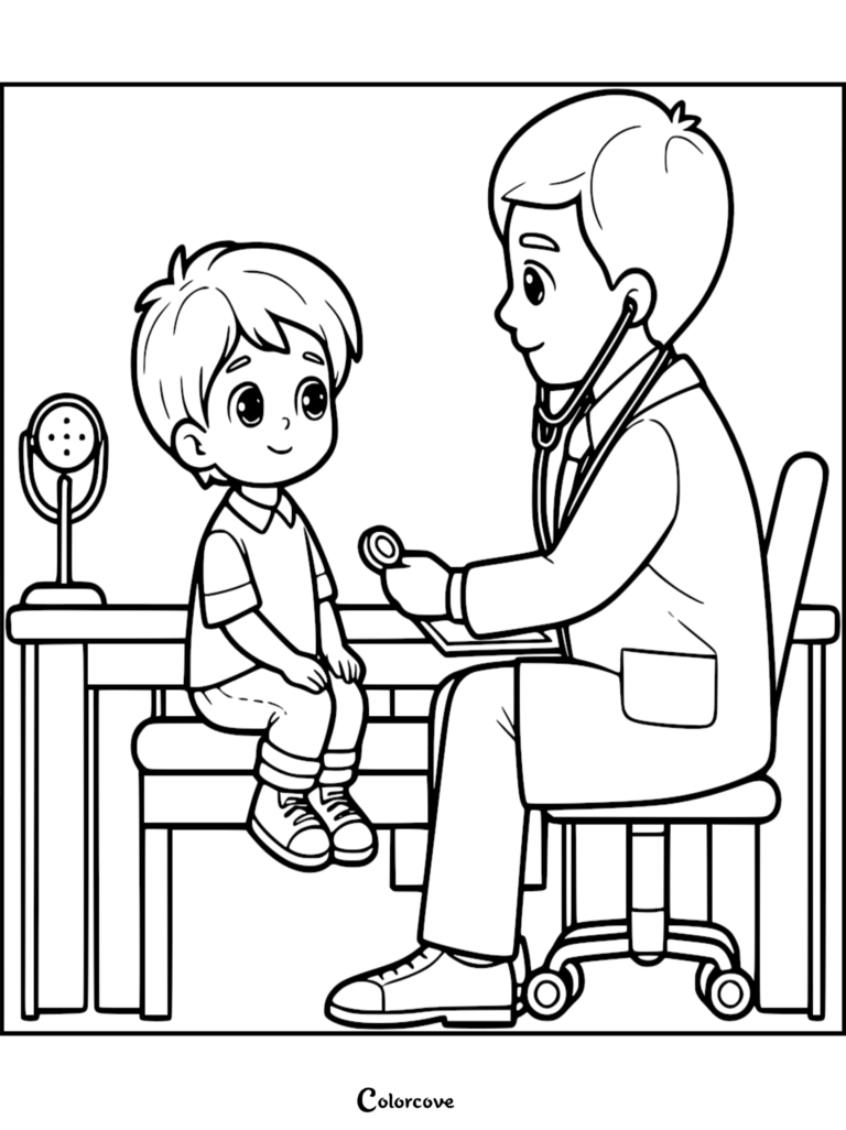 A printable coloring page featuring a kind doctor using a stethoscope to examine a young boy sitting on an exam table in a medical office.