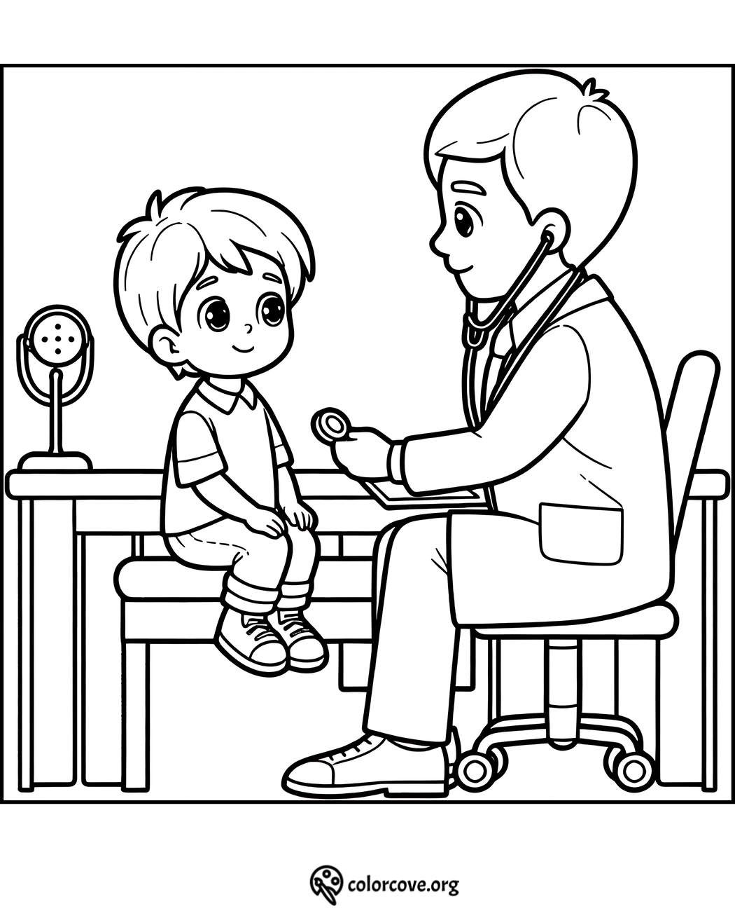 Coloring page of a doctor using a stethoscope to examine a young boy seated on an examination table in a medical office.