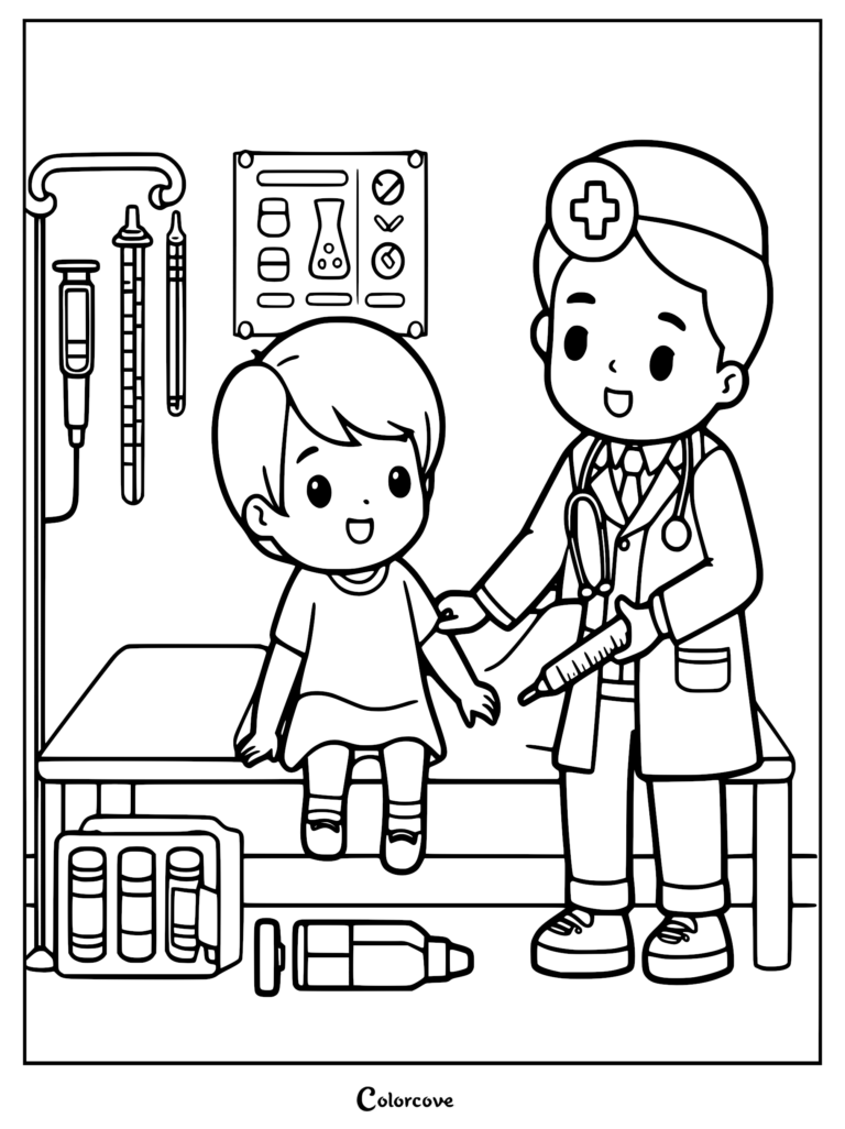 A cute doctor in a lab coat giving a vaccine shot to a smiling child in an exam room, line art coloring page.