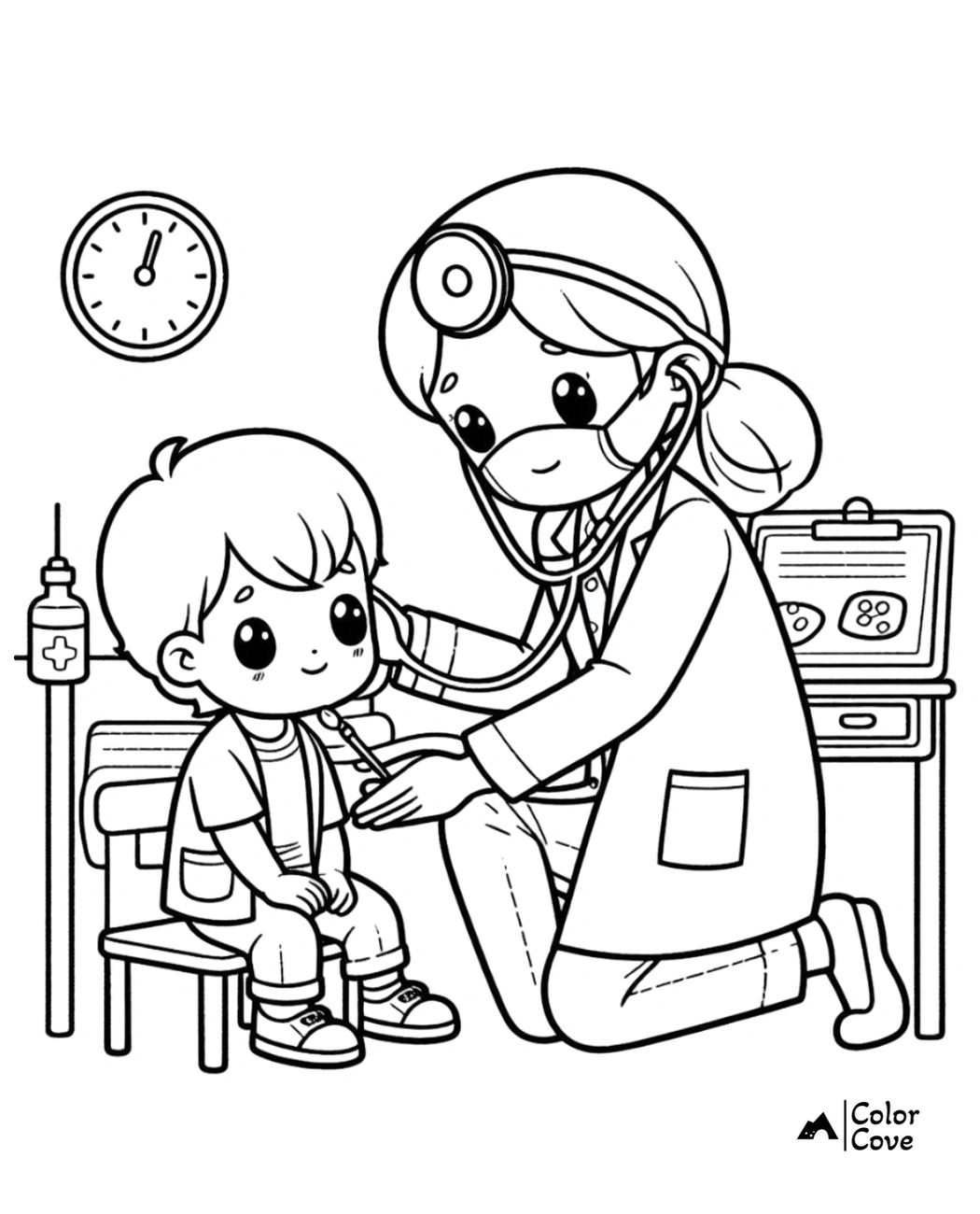 Doctor coloring page showing a pediatrician with stethoscope caring for a smiling child sitting on a chair.