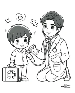 Doctor and child coloring page: doctor checks child's heart with stethoscope. Child holds medicine bag. Whimsical design.