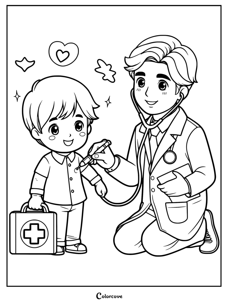 A cute doctor kneeling and using a stethoscope on a smiling boy holding a medical kit in this printable coloring page.