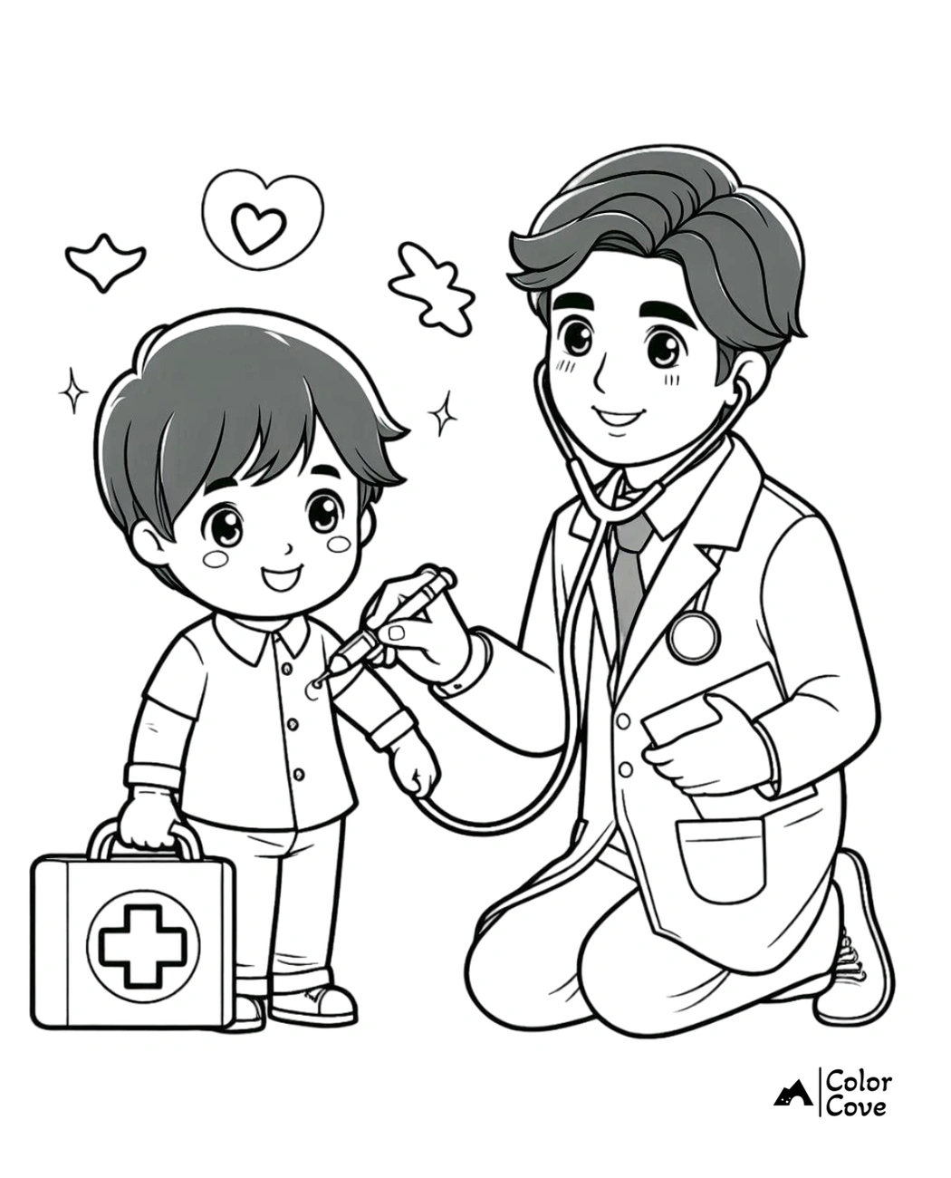 Doctor and child coloring page: doctor checks child's heart with stethoscope. Child holds medicine bag. Whimsical design.