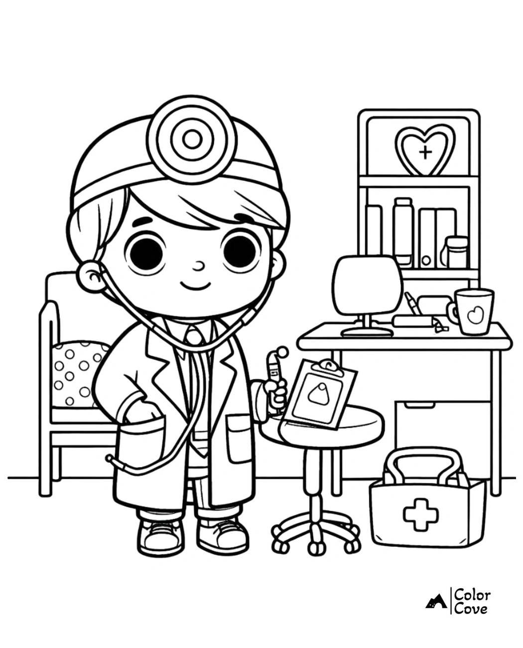 Coloring page of a cute child dressed as a doctor with stethoscope, standing next to medical tools, ideal for kids' activities.