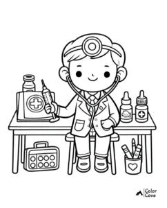 Coloring page of a cute cartoon doctor with medical tools, stethoscope, and medicine bottles on a desk. Kid's educational illustration.