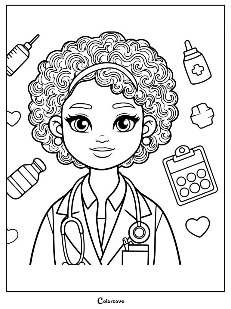 A cute doctor coloring page featuring a curly-haired female physician surrounded by a syringe, pill bottle, heart icons, and a medical clipboard.