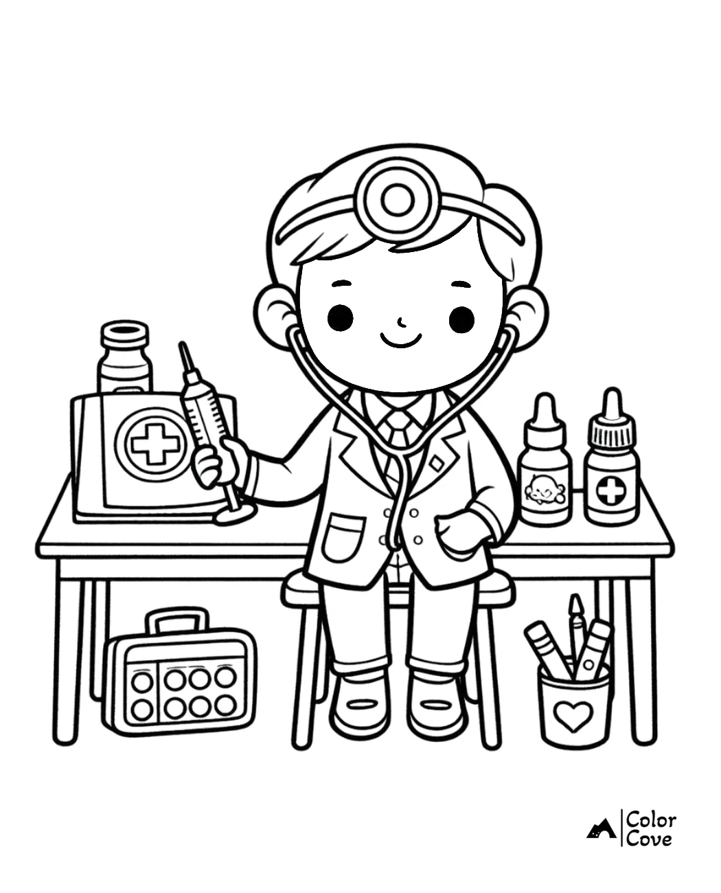 Coloring page of a cute cartoon doctor with medical tools, stethoscope, and medicine bottles on a desk. Kid's educational illustration.