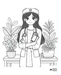 Coloring page of a female nurse with a stethoscope, standing in front of plants on a table. Perfect for kids' activities.