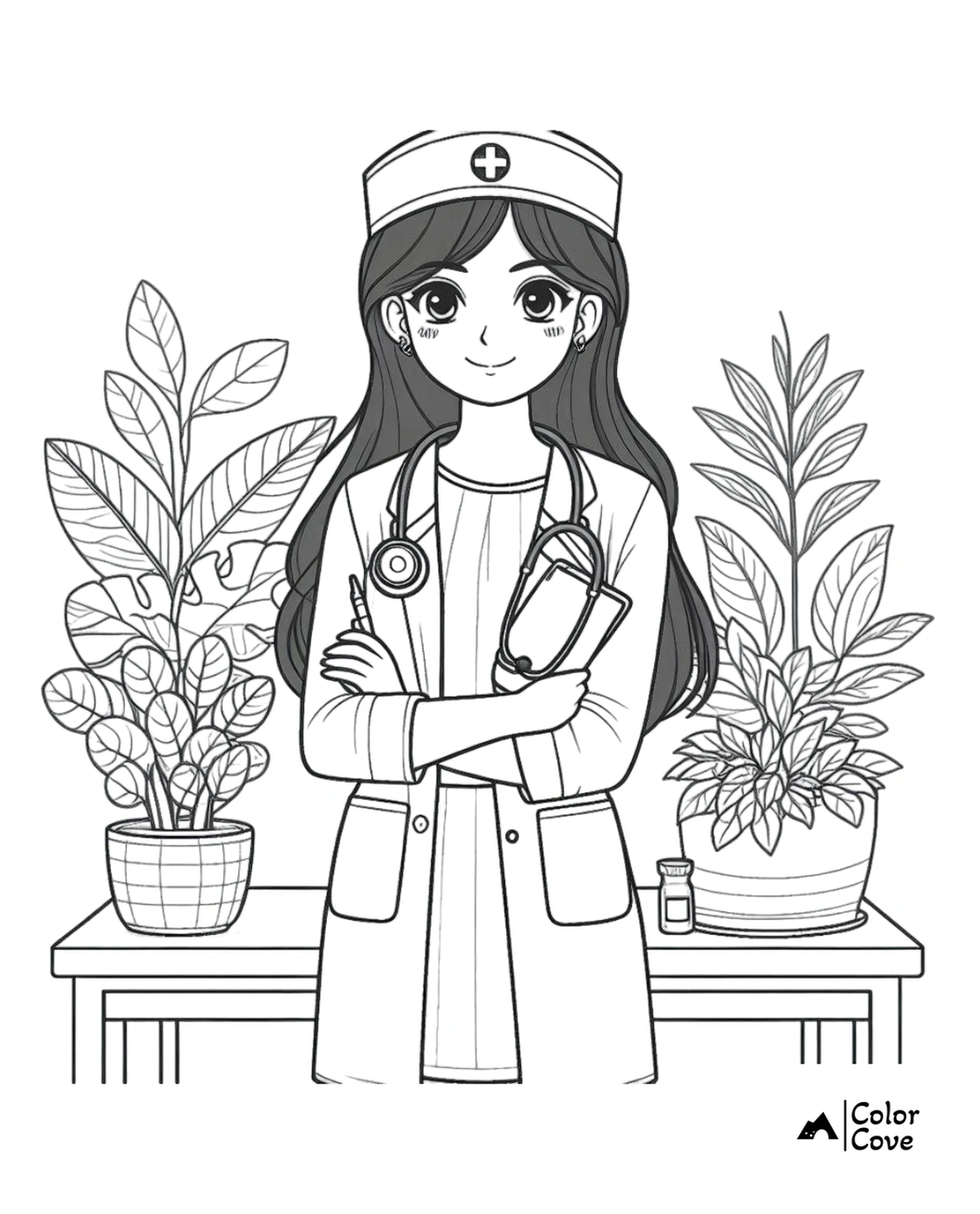 Coloring page of a female nurse with a stethoscope, standing in front of plants on a table. Perfect for kids' activities.