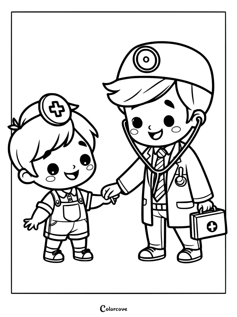 A friendly cute doctor wearing a head mirror and lab coat holding the hand of a happy little patient wearing medical gear, line art coloring page.