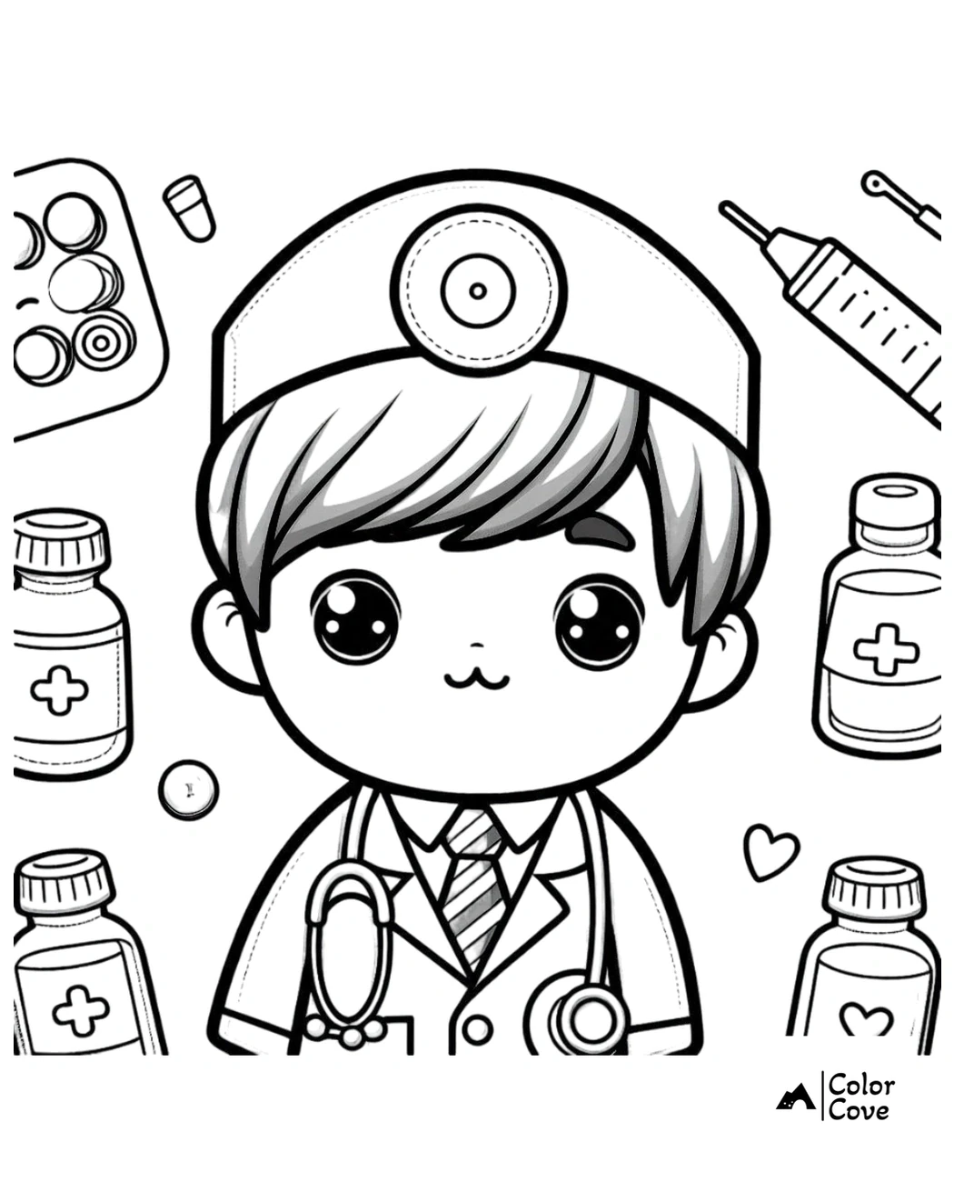 Cute doctor coloring page for kids, featuring medical supplies and a charming doctor character. Fun printable activity.