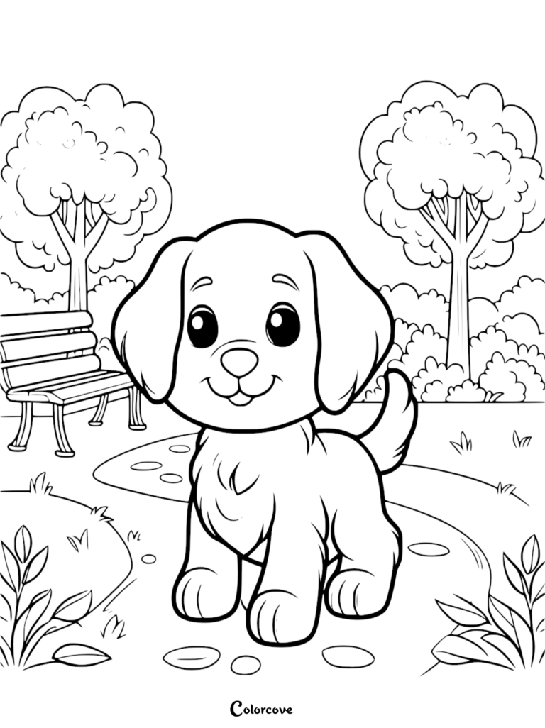 A happy cartoon puppy standing on a park path near a wooden bench, coloring page style line art.